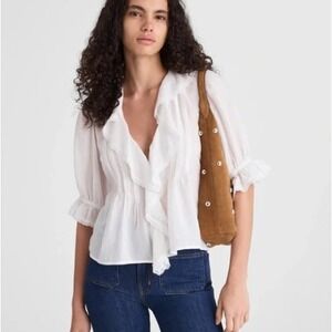 Madewell Top Womens Extra Large White Pintucked Ruffled Puff Sleeve Cotton NX551